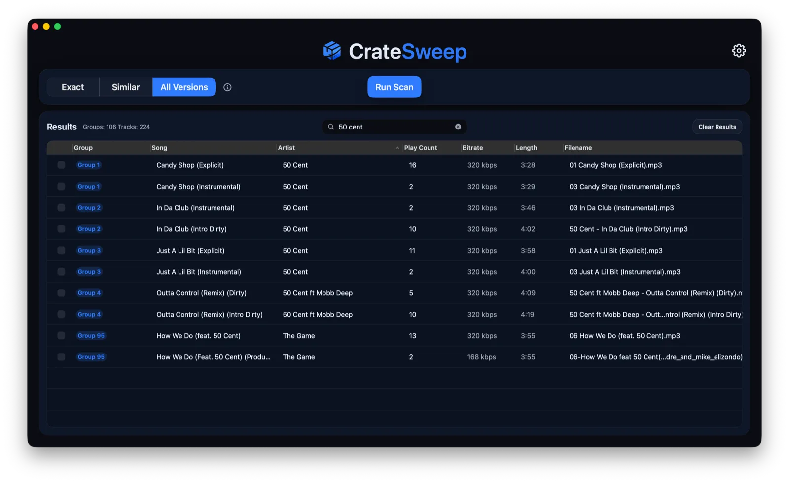 Searching CrateSweep All Versions results for one artist