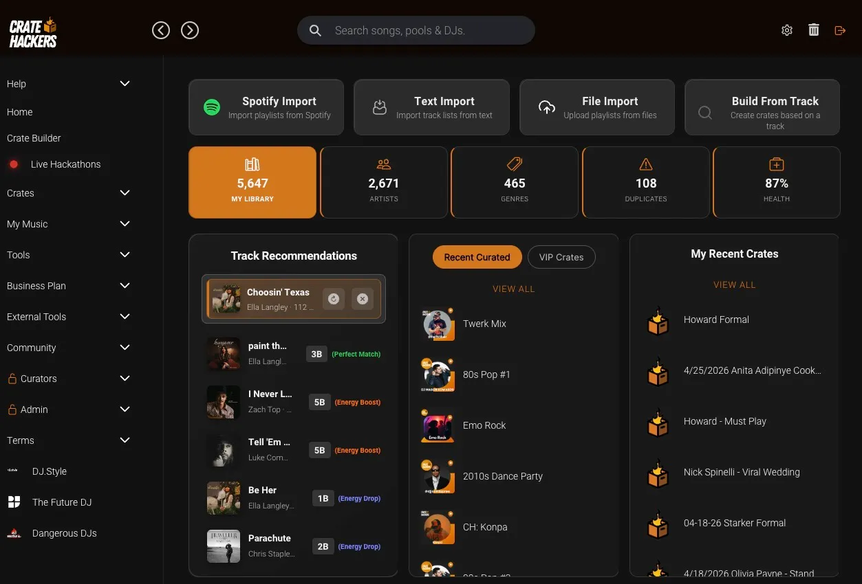 The Crate Hackers dashboard after a library scan — track and artist counts, curated crates, and a duplicates count sitting in the library stats