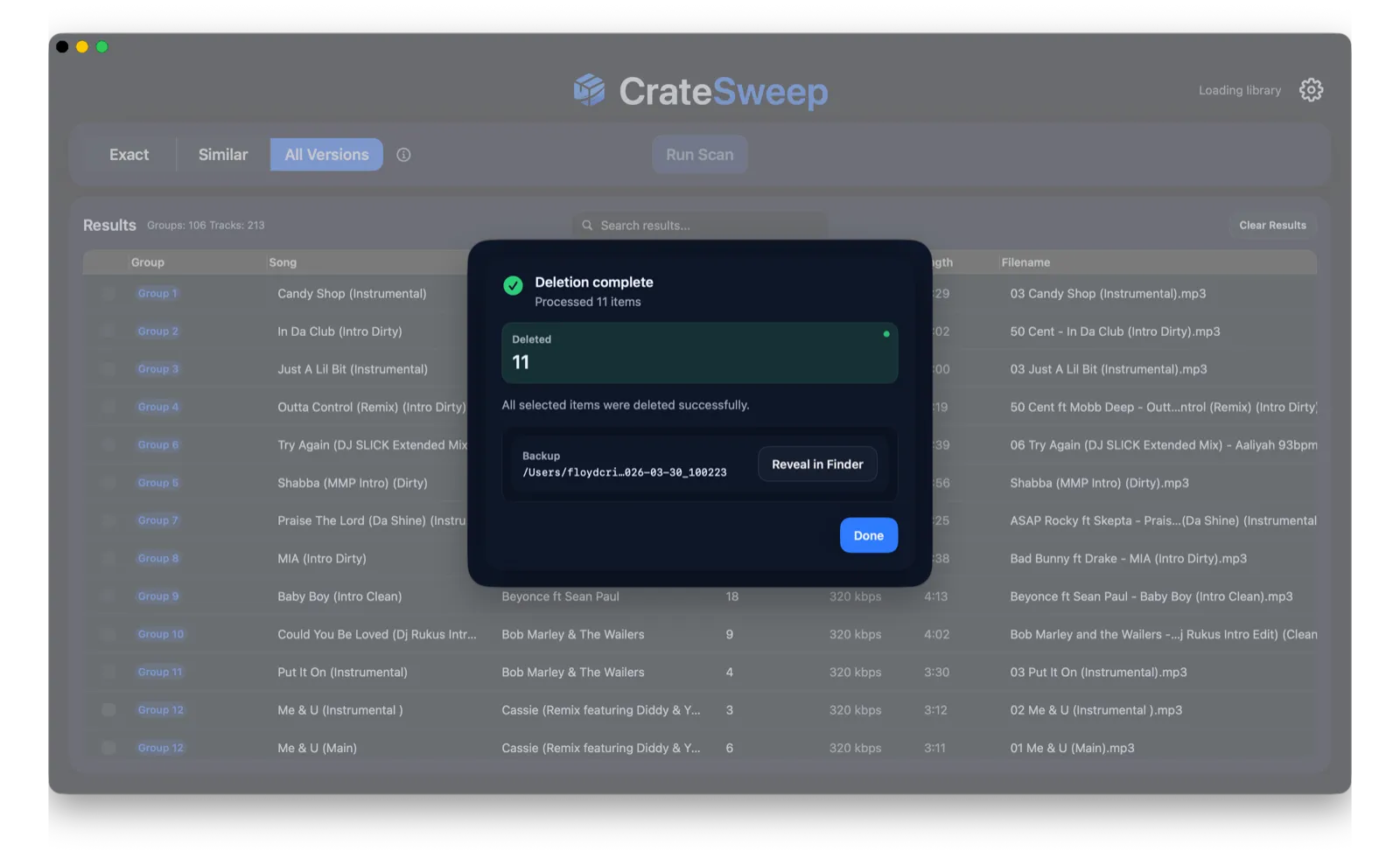 CrateSweep deletion complete screen showing the automatic Serato database backup