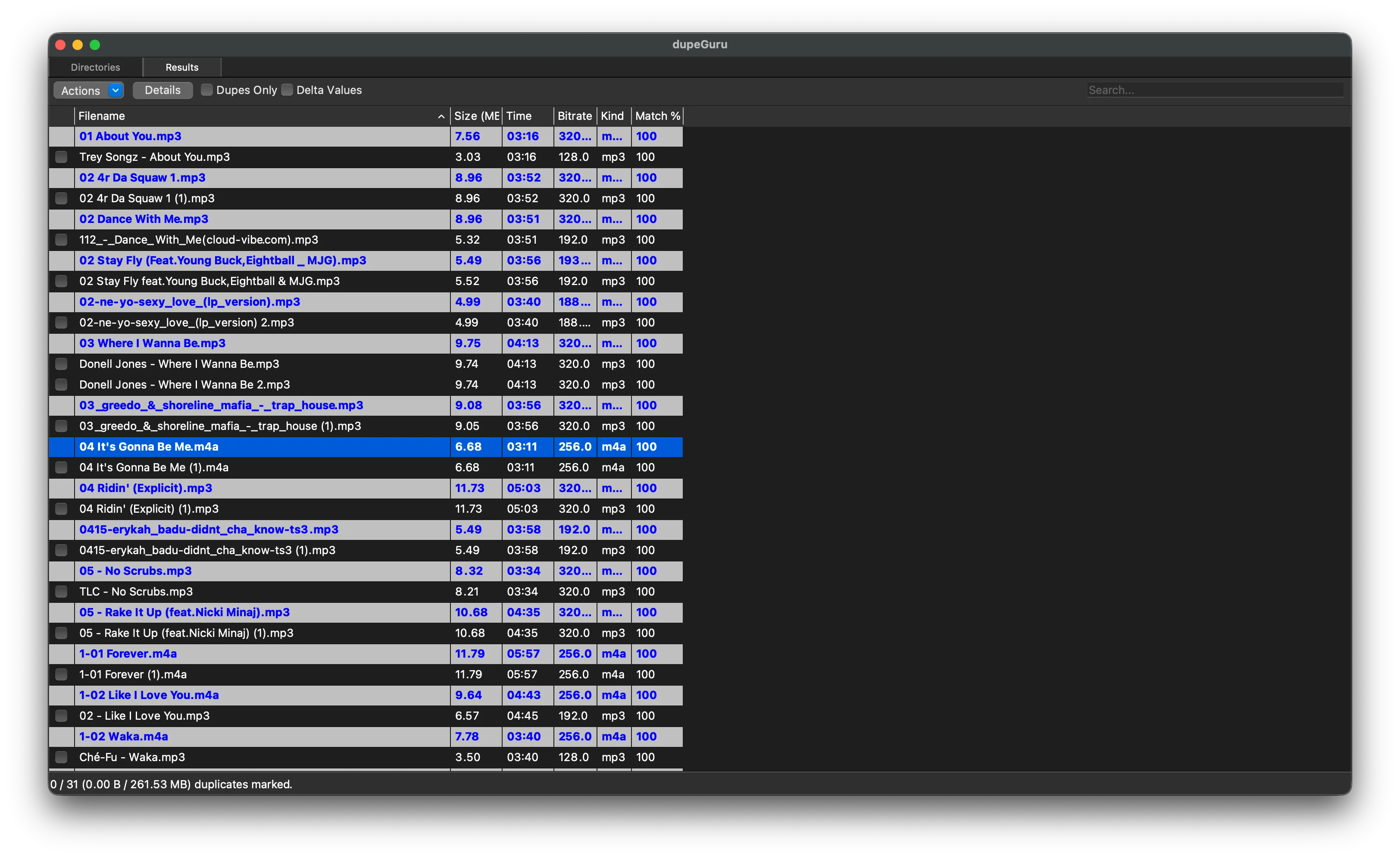 dupeGuru's results window after scanning a DJ music folder — matched duplicate files with size, bitrate, and match percentage, but no Serato context
