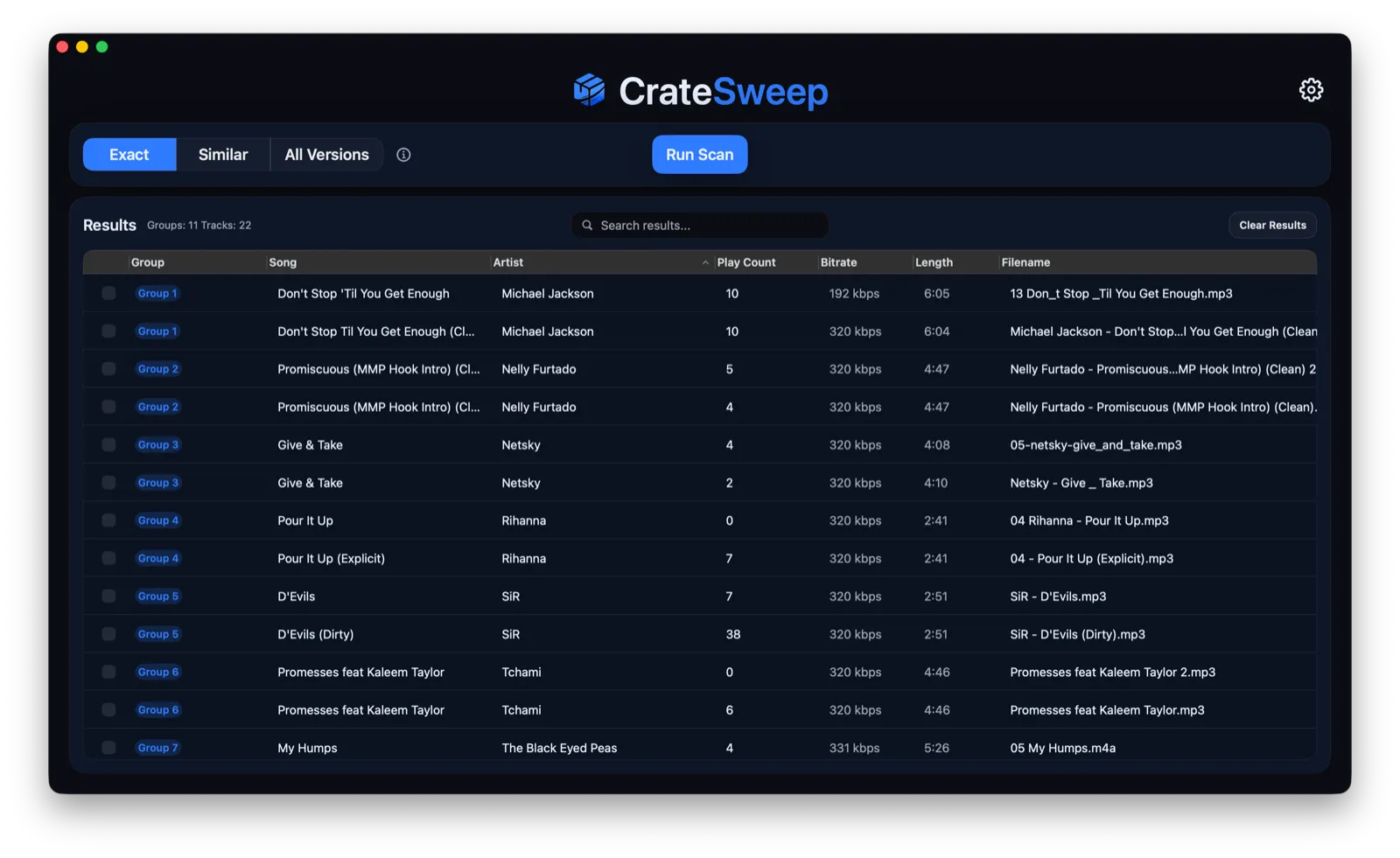 CrateSweep scan results grouping duplicate tracks from a Serato DJ library, with play count, bitrate, and filename for each copy