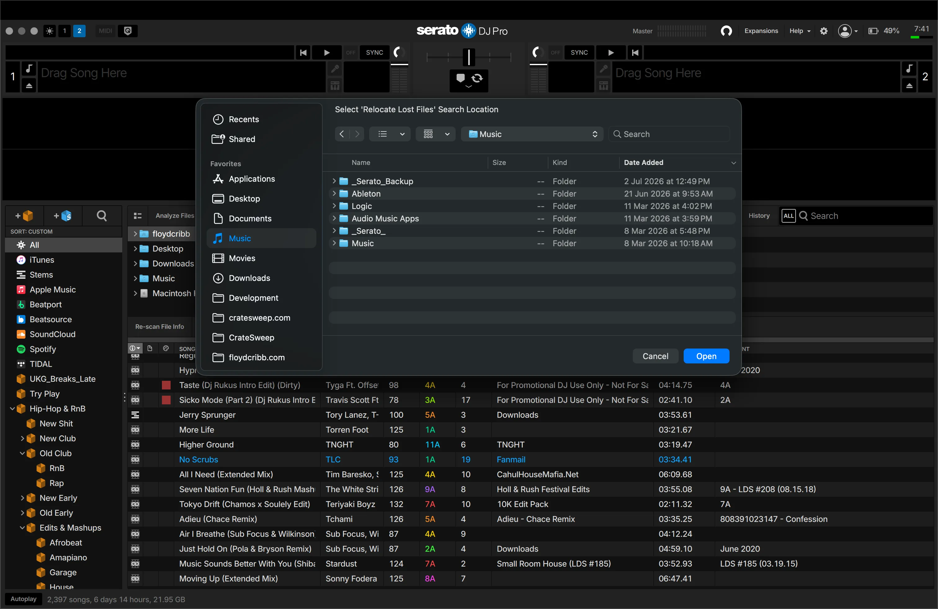 Serato's Relocate Lost Files dialog asking where to search, with the Music folder and its Serato and backup folders listed