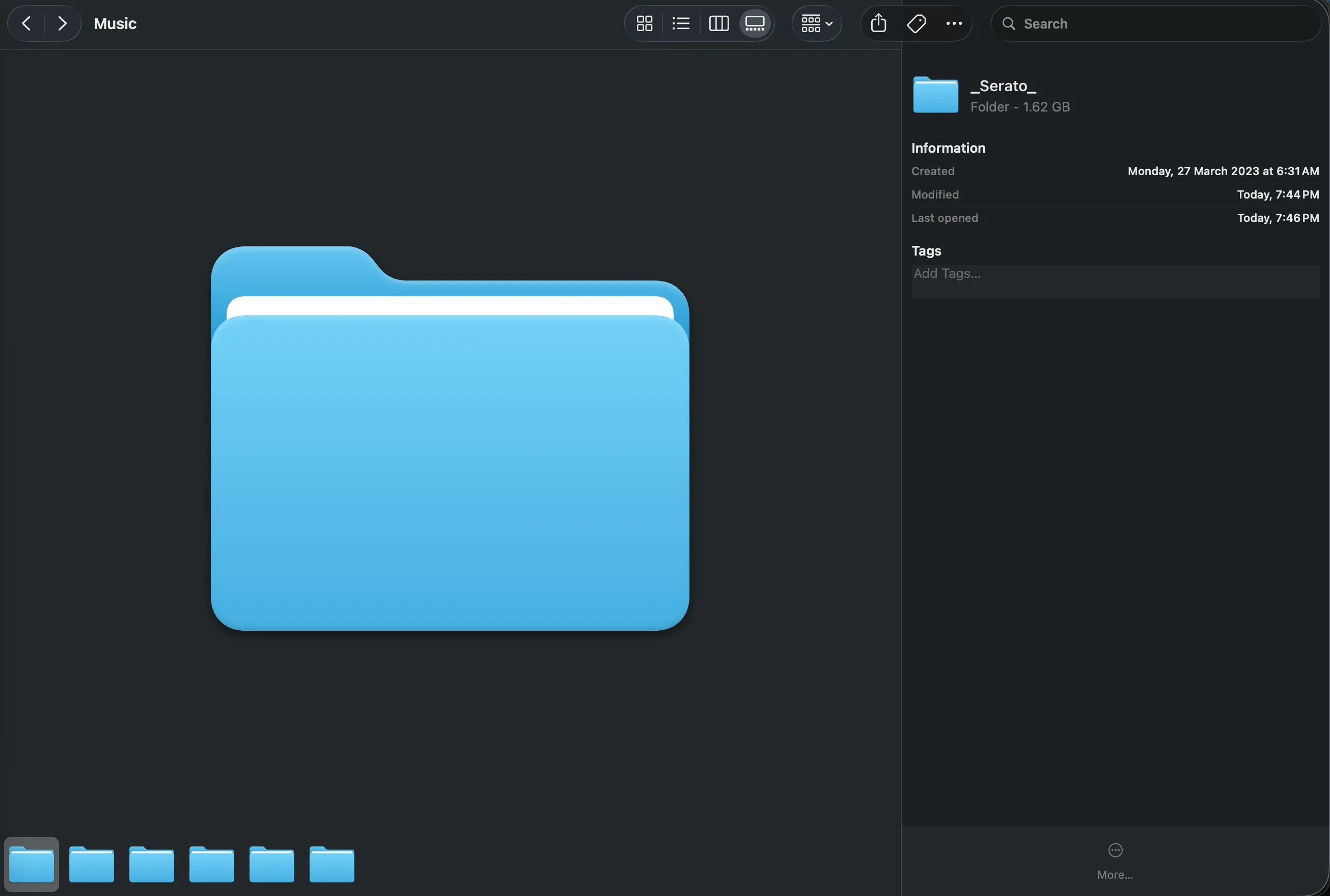The Serato folder selected in the Mac Music folder, with Finder's info pane showing 1.62 GB of library data