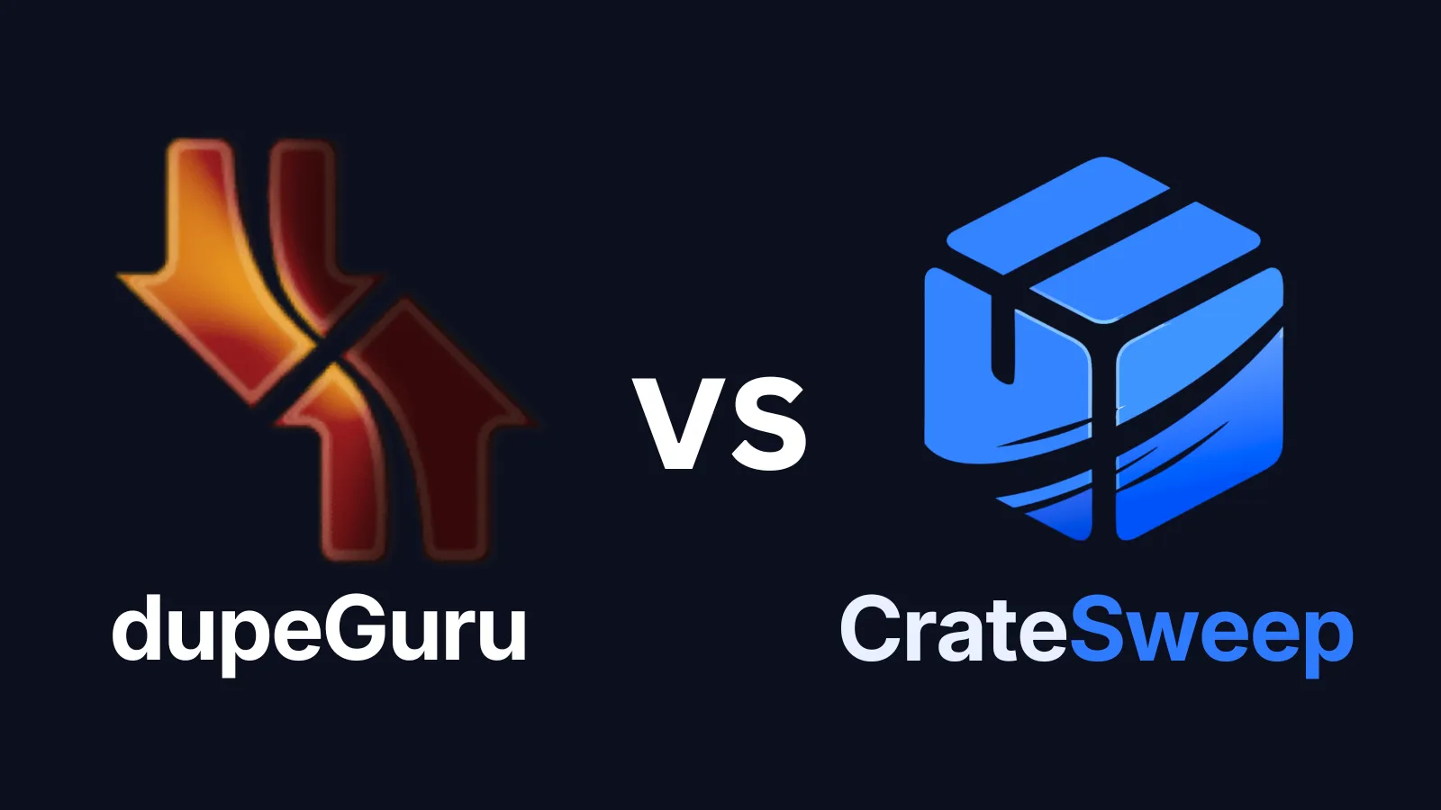 The dupeGuru logo and the CrateSweep logo side by side, separated by a large VS