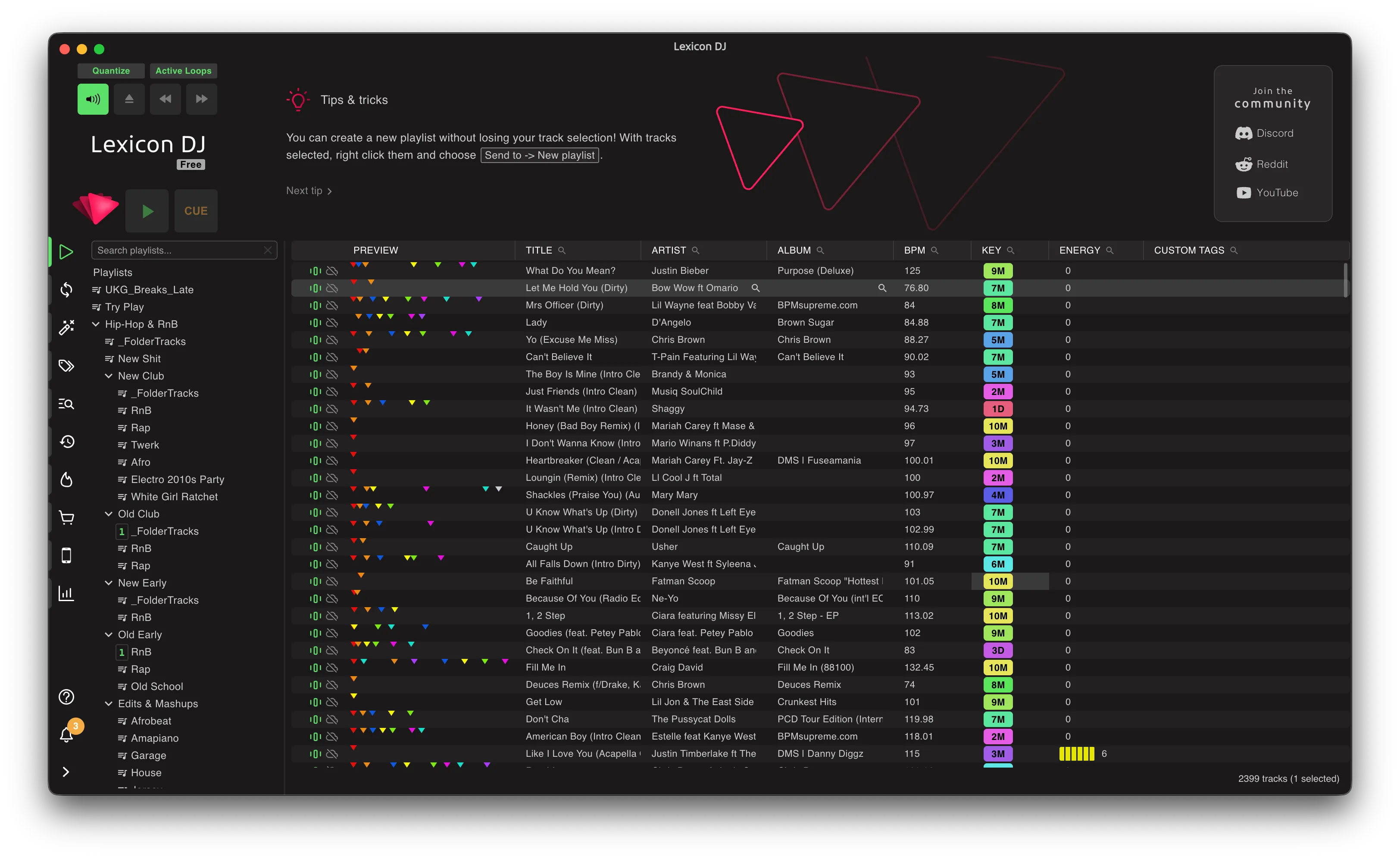 Lexicon DJ's library view after syncing in a Serato library, with the playlist tree and BPM, key, and energy columns