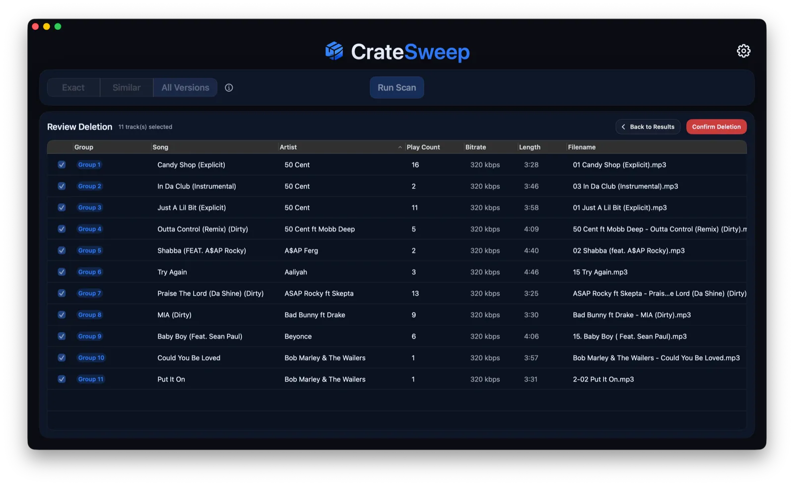 CrateSweep's review deletion screen listing every selected track before confirmation