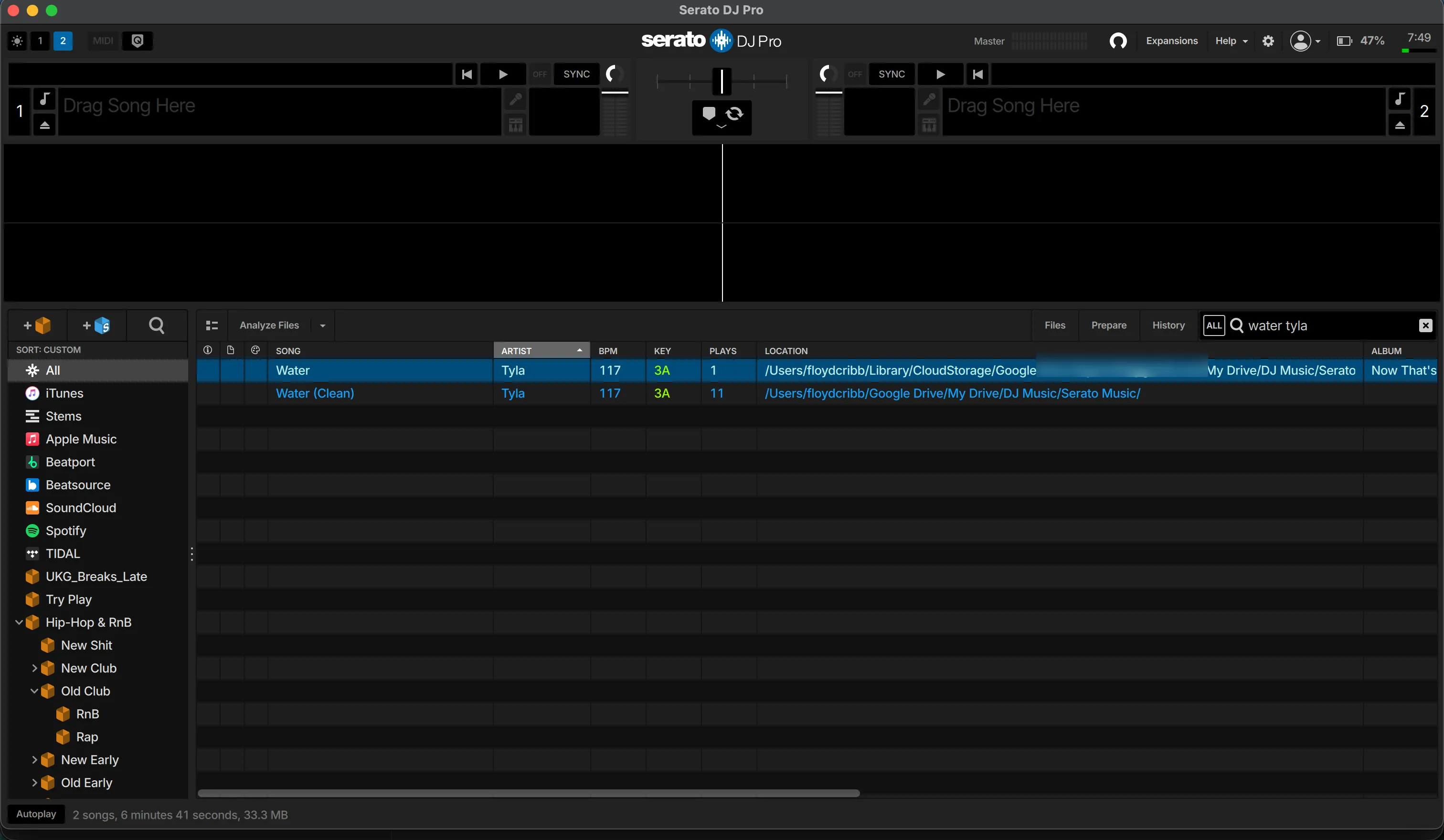 Serato search results showing the same track twice, with two different file paths visible in the location column