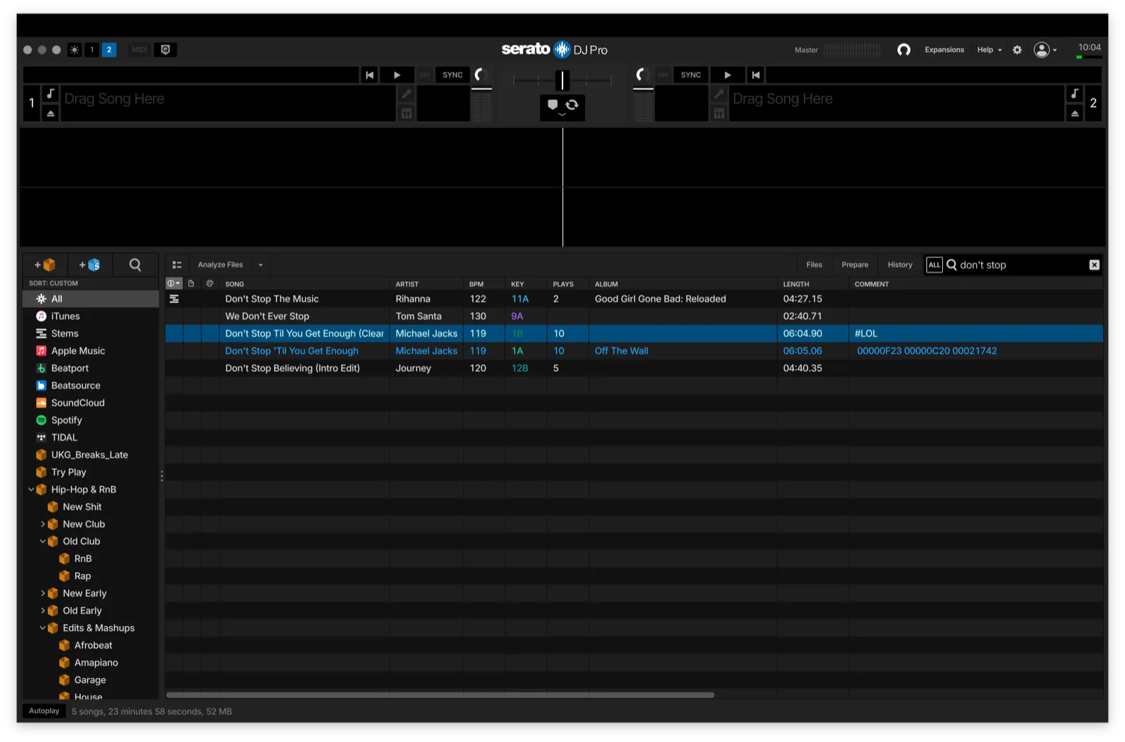Two copies of the same track in a Serato DJ Pro library, found by searching manually