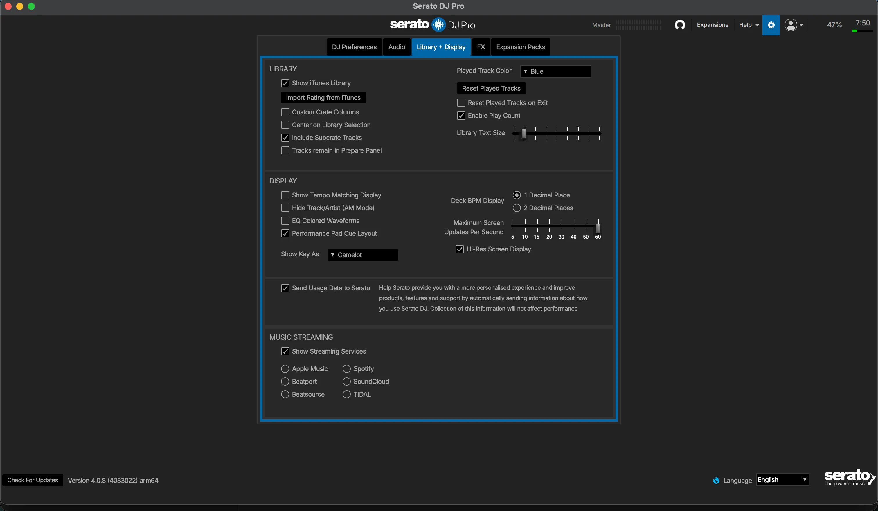 Serato's Library + Display settings with the Show iTunes Library checkbox enabled