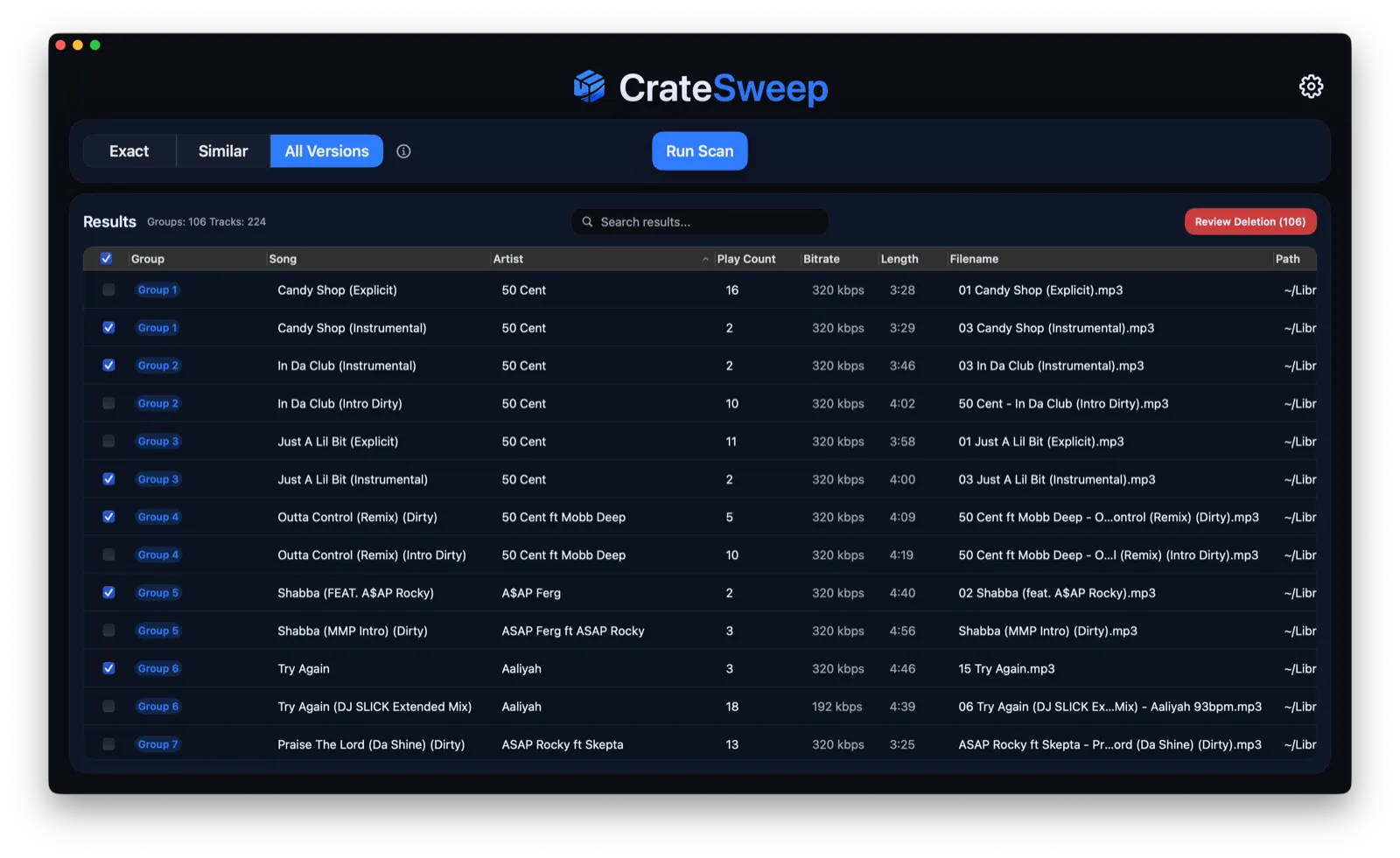 CrateSweep results after Smart Select, with the lower-quality copy in each group ticked and the Review Deletion count showing in the corner