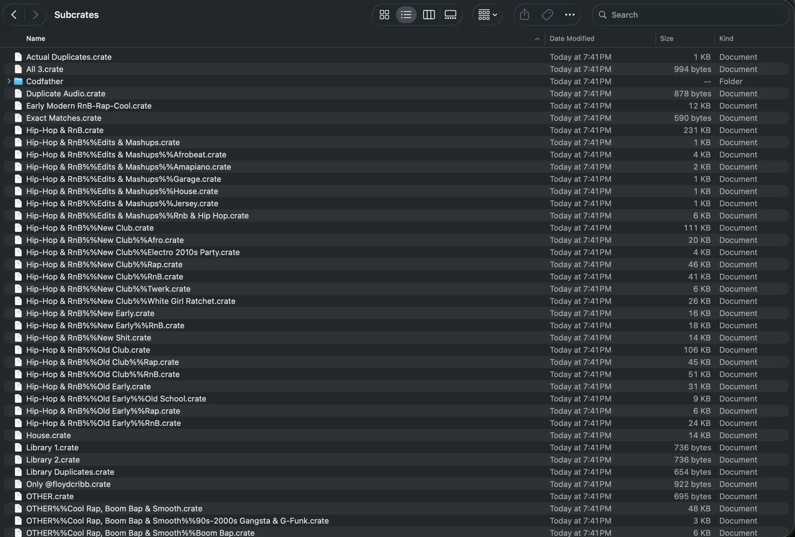 The Subcrates folder listing one .crate file per crate, with %% separators in the filenames marking nested subcrates