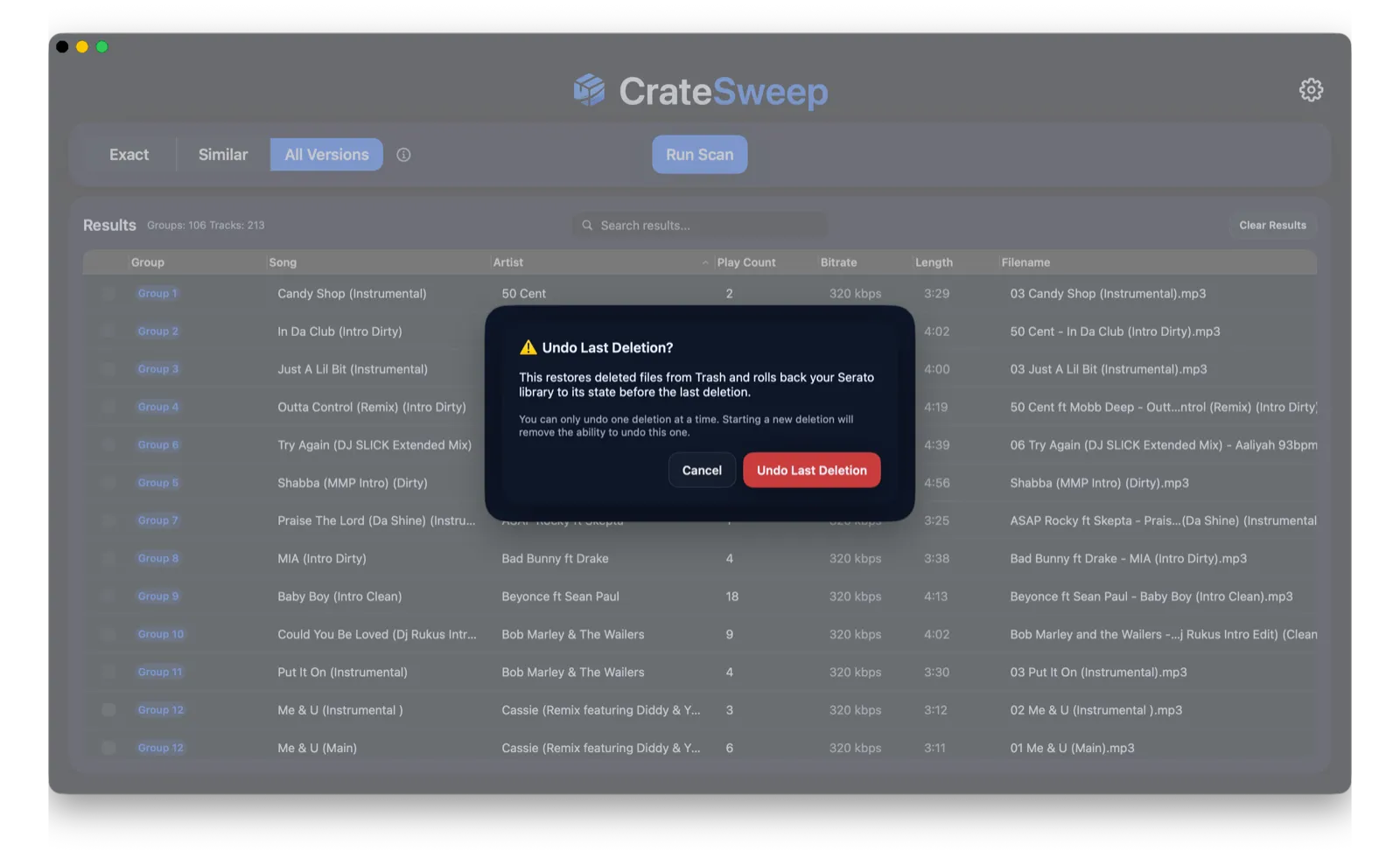 CrateSweep's Undo Last Deletion dialog, which restores files and rolls back the Serato library