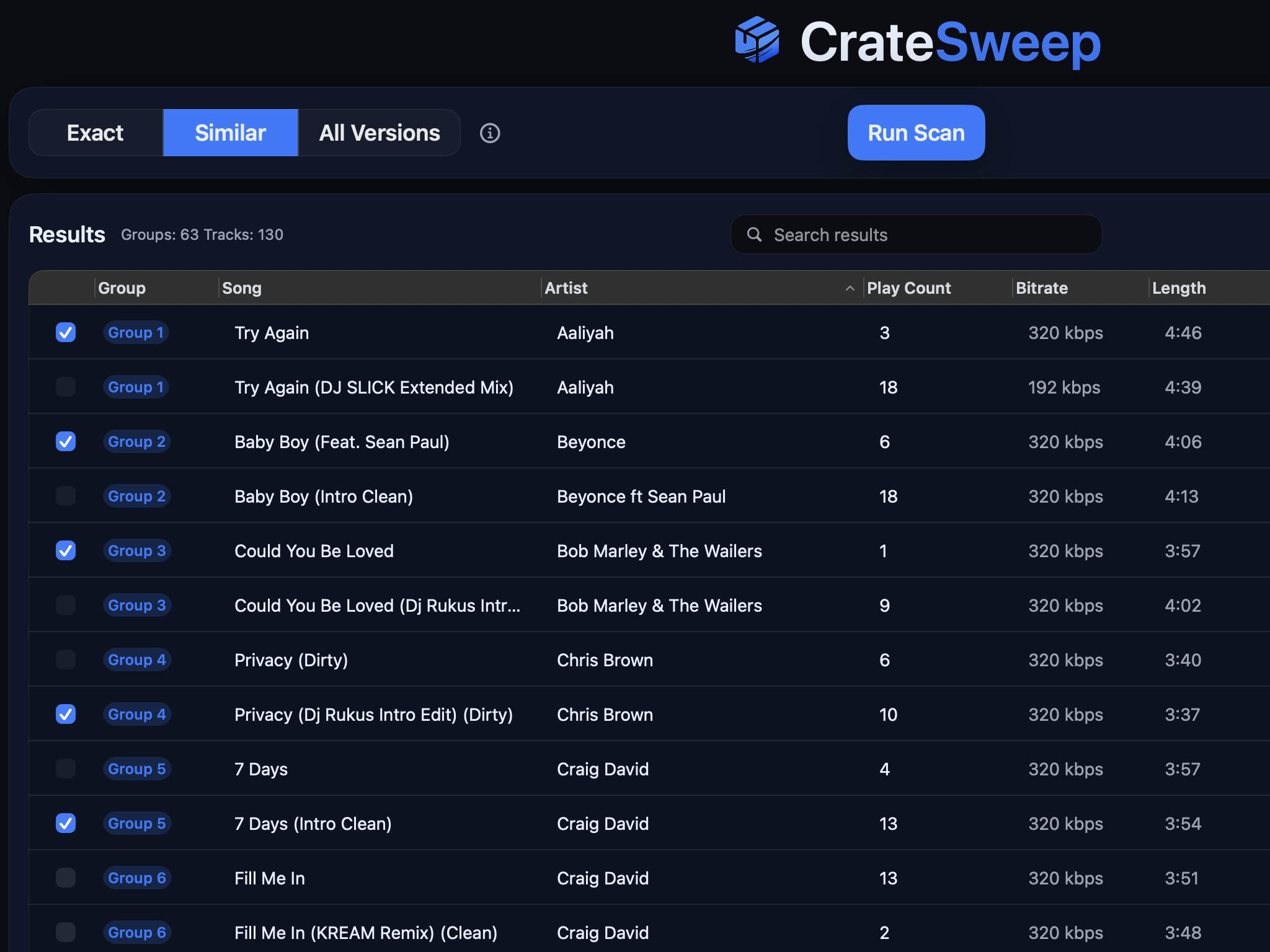 CrateSweep scan results showing duplicate tracks ready for review
